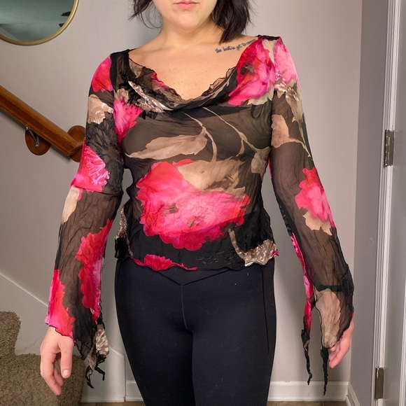 Womens Cache Medium Y2K Black Pink Floral silk Cowl Neck Fairycore whimsical top - Picture 1 of 13
